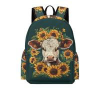 TPISLI Kids Cow Motif Bookbag Boys Girls Age 7-12 Cool Durable Sunflowers Cattle Backpack for Classroom Travel New Term Gift, 14 Inch Laptop School Bag Outdoor Activity