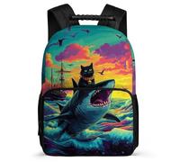 TPISLI Shark Cat Printed School Backpack for Kids and Teens 8-12 Years Ocean Creature Bookbag for Children Primary Classes, 1680D Fabric Lightweight Back to School Gift