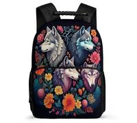 TPISLI Wolf Flowers School Bag School Years 1-4 for Kids and Teens Ages 6-10 Animal Wolves Bookbag Boys Girls, Adjustable Straps Lightweight Daily Essentials