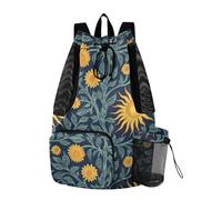 tplaotee Beach Backpack Drawstring Sports Gym Bag With Pockets Cinch Pack Wet and Dry Separation William Morris Sun Flower Dark Blue Yellow