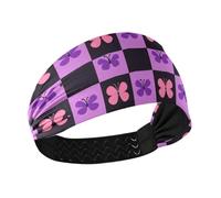 tplaotee Black and Purple Checkered Pattern Butterflies no slip sports headbands for women Stretchy sweaty bands for Cycling Daily use hiking hiking