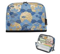 tplaotee Blue and Gold Japanese Retro Flower Waves Pencil Storage Case Large Capacity Pen Cases With Zipper Coin for Women School Supplies estuches escolares para ninas
