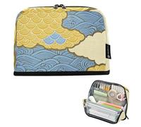 tplaotee Blue and Gold Japanese Waves and Clouds Pencil Bag Large Capacity Pen Case Slots Stationery Bag for Teacher College estuche para lapices