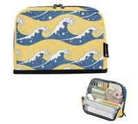 tplaotee Blue and Gold Japanese Waves Pencil Storage Case Large Capacity Storage Bag Multi-Purpose Desk Organizer for Adolescentes Preppy School Supplies cartucheras para adolescentes