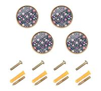tplaotee Boho Navy Blue and Pink Floral Botanical Pattern Flower Art Hardware for Cabinets and Drawers Decorative Knob 1.26 Inch (32mm) Vintage Cabinet Knobs for Kitchen 4 Pack