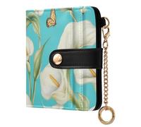 tplaotee Calla Lily Flower Butterfly Teal Women's Minimalist Folding Wallet Cute Minimalist PU Leather Wallet for Woman Girl