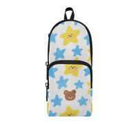 tplaotee Cantoon Blue Yellow Stars Cute Bears Nylon 3 Compartments Large Pencil Bag Big Capacity Zip Pencil Case School Stationery pouching for Preppy Office 1600ml