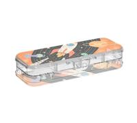 tplaotee Cartoon ROCKETS Aliens Orange Designed Plastic Pencil Box Double Deck Hard Pens Cases For Art Supplies With Snap Lid