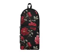 tplaotee Chinese Peony Marshmallow Black Nylon 3 Compartments Zipper Pencil Bag Large Capacity Pencil Case For Boys Stationery pouching for Kids Elementary 1600ml