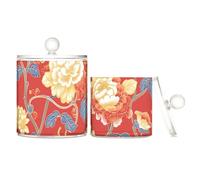 tplaotee Chinese Style Elegant Flowers Red Clear Plastic Makeup Organizer Storage with lid Pantry Essentials Decorstorage bins for Cotton Swabs, Paper Clips,s 2 Pack