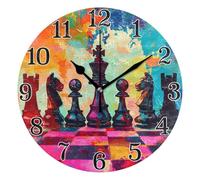 tplaotee Colorful Chess Set Gouache Painting 10 Inch Round Atomic Clocks for wall Silent Decor for Bedroom School