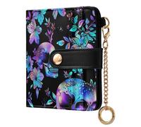 tplaotee Colorful Fluorescent Skulls and Flowers Gothic Fantasy Style Women's Folding Wallet For Women Convenient Minimalist PU Leather Wallet for Woman Girl