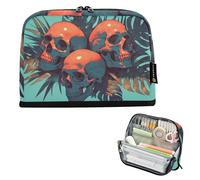 tplaotee Cool Human Skulls Green Monstera Deliciosa Leaves Pencil Pen Case Large Capacity Pen Pencil Case Wide Opening Stationery Organizer for Man Cosmetics utiles escolares para adolescentes