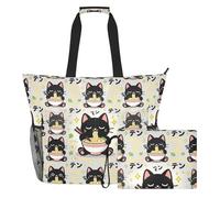 tplaotee Cute Japanese Black Cat Neko Print Waterproof foldable beach bag with zipper work bags for women tote Top Beach Bag, Pool Bag, Work Bag, Shopping Bag