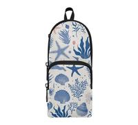 tplaotee Dark Navy Blue Corals starfishes Shells Nylon 3 Compartments Pencil Bags For Kids Big Capacity Pencil Case For Kids Stationery pouching for Adults High School 1600ml