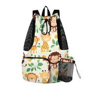 tplaotee Draw String Back Bag Gym Bag With Inside Pockets Cinch Pack Dry Wet Separation Cartoon Animals Zoo Lion Monkey Giraffe