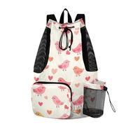 tplaotee Drawstring Backpack For Women Men Gym Sackpack With Inside Pockets Cinch Bags Waterproof Happy Valentine Cartoon Bird Beige