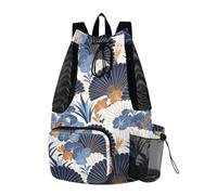 tplaotee Drawstring Bags For Men Women Sport Gym Sackpack With Inside Pockets Cinch Sack Waterproof Fan-shaped Floral Pattern White Blue Art Deco Style