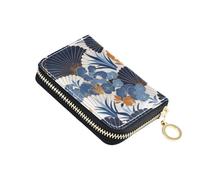 tplaotee Fan-shaped Floral Pattern White Blue Art Deco Style leather card wallet for men With 2 cash slot RFID Blocking womens card holder with zipper cartera para mujer