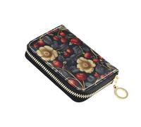 tplaotee Flower Fig Red Black leather small card wallet With 2 cash slot RFID Blocking mens credit card holder with zipper billetera para hombre