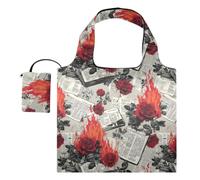 tplaotee Foldable shoulder bag Reusable Grocery Bags with Handles Utility Tote Bag for Nurse Travel Work Newspaper Burning Red Roses Retro