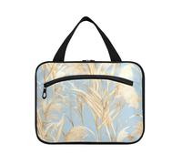 tplaotee Golden Pampas Grass Light Blue Watercolor Style hanging travel cosmetic bags for women with hook, designer unisex quilted makeup bag for men trip bolsos para hombre M, Golden pampas grass