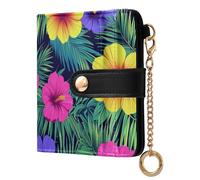 tplaotee Hawaiian Style Tropical Flowers Palm Leaves Bright Neon Colors Women's Folding Card Wallet Unique PU Leather Bifold Wallet for Women Girls