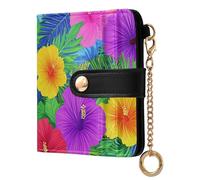 tplaotee Hawaiian Style Tropical Flowers Palm Leaves Bright Neon Colors Women's Folding Wallet With Card Slots Waterproof Compact PU Leather Wallet for Men Women Travel