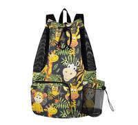 tplaotee Hiking Drawstring Backpack Sports Gym Bag With Pockets String Backpack Bag Dry Wet Separation Cartoon Zoo Giraffe Monkey animal