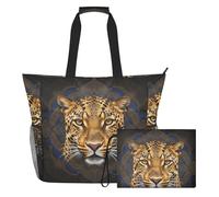 tplaotee Leopard Artwork Mandala Sandproof big beach bag with zipper tote bags with pockets