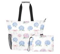 tplaotee Light Pink Blue Hydrangea Cute Bows Portable tote beach bag with zipper large tote bags for women for work with cup holders on the side
