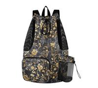 tplaotee Mens Drawstring Bags Gym Sackpack With Pockets Cinch Pack Wet and Dry Separation Gray and Black Background with Gold Vintage Floral Pattern on It