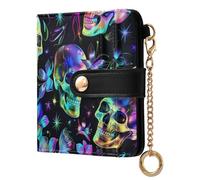 tplaotee Neon Rainbow Color Skull and Flowers Gothic Fantasy Style Ladies Slim Foldable Wallet Waterproof Premium PU Leather Wallet for Women Boys Girls