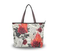 tplaotee Newspaper Burning Red Roses Retro Everyday Tote travel tote bags purses and handbags crossbody for, Newspaper Burning Red Roses Retro, M
