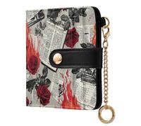 tplaotee Newspaper Burning Red Roses Retro Women's Minimalist Folding Wallet Portable PU Leather Wallet With Card Slots for Women Girls