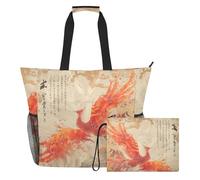 tplaotee Phoenix Bird Chinese Ink Painting Red Gold Sturdy packable beach bag with zipper work tote bags for women with cup holder with cup holders on the side