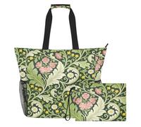 tplaotee Pink Carnation Green Leaves William Morris Sandproof foldable beach bag for travel with zipper womens tote bags for work Top Beach Bag, Pool Bag, Work Bag, Shopping Bag