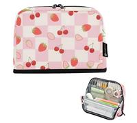 tplaotee Pink White Checkered Pattern Strawberries Pencil Case Organizer Large Capacity Makeup Bags Large Stationery Pen Bag for Kids High School estuche para colores