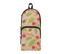 tplaotee Red Cherry Bees Nylon 3 Compartments Large Zipper Pencil Bag study&multifunctional Pencil Cases For Teen Stationery pouching for Girls Elementary 1600ml