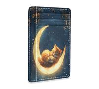 tplaotee Sleeping Cute Cat Moon leather slim card wallet With Cash Slot RFID Blocking credit card case for men&women