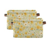 tplaotee Small Yellow Flowers Green Background storage baskets,Foldable and waterproof storage containers baskets with sturdy handle Hamper big big 2 Piecing for room toys