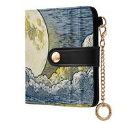 tplaotee The Moon Scenery Yellow Blue Ladies Cute Foldable Wallet Portable PU Leather Folding Wallet for Women
