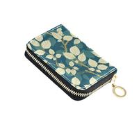 tplaotee Thyme Leaf Beige Teal leather small credit card wallet With 2 cash slot RFID Blocking men's card cases with zipper billeteras para hombre