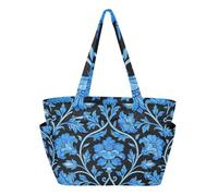 tplaotee Tote Bag Everyday Shoulder Bag for Pool Gym Grocery Travel with Cup Holder Retro Blue Flowers