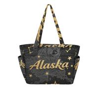 tplaotee Utility Tote Bag Beach Bag for Beach with Pockets Alaska Constellation Gold Pattern