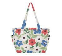 tplaotee Utility Tote Bag Beach Bags for Work Travel Gym College with Cup Holder Red Blue White Flowers Simple