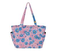 tplaotee Utility Tote Bag Zipper Beach Bag for Work Travel Gym with Multiple Pockets & Zipper Compartments Pink Background Little Blue Daisies