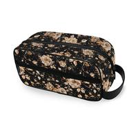 tplaotee Vintage Rose Gold Floral Pattern on A Black Background Portable Makeup Bag with hanging hook Lightweight Makeup Bag With Handle with Compartments & Handle