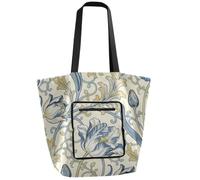 tplaotee Waterproof Foldable shoulder bag Reusable Grocery Bags with Pockets Tote Bag for Ladies For shopping, day trips, traveling William Morris Vintage Blue tulips