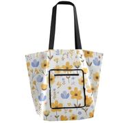 tplaotee Waterproof Foldable shoulder bag Reusable Grocery Bags with Pockets Tote Bag for Women for Nurse Travel Work Yellow Little Fresh Flower Bloom